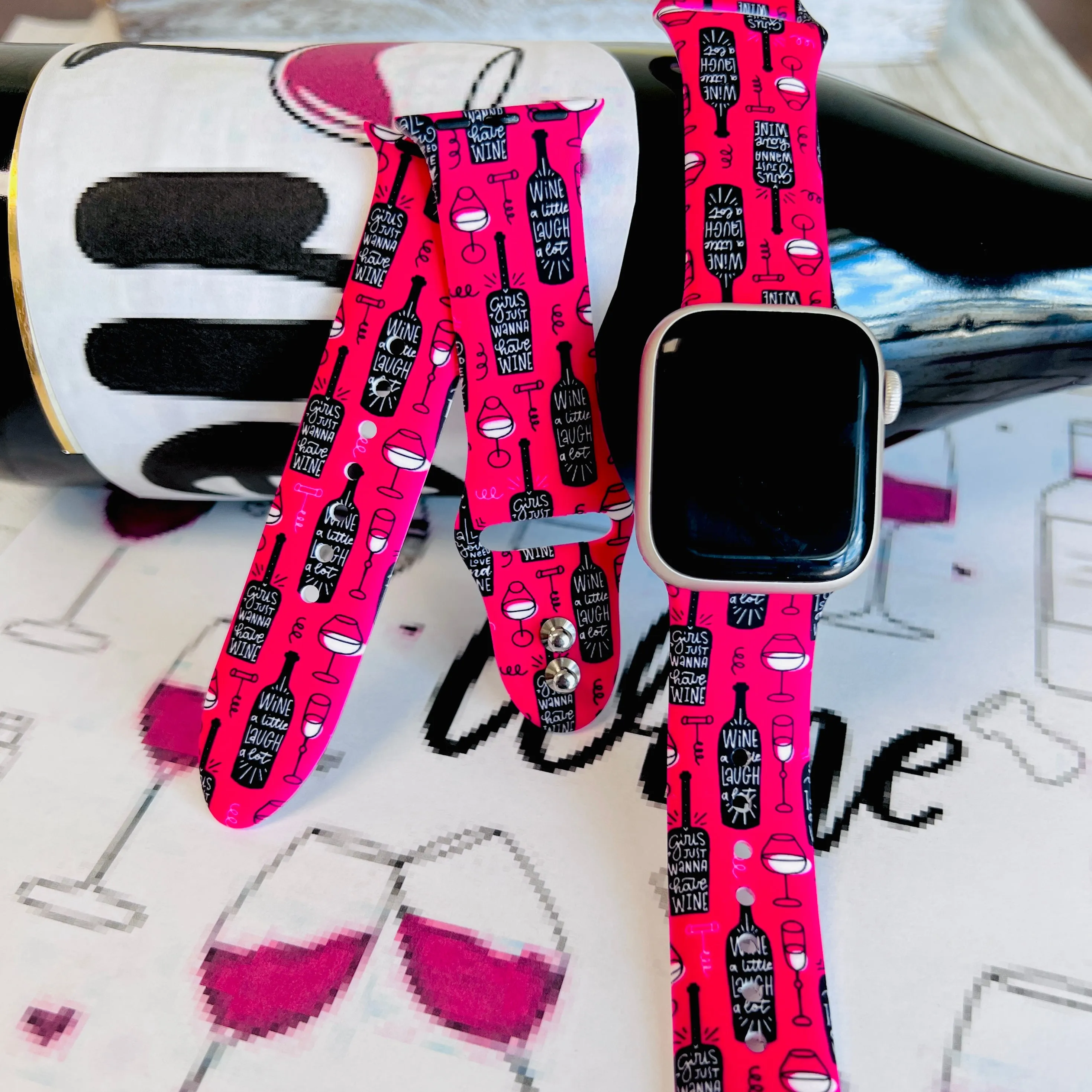 Wine, Love, Laugh Print Silicone Band For Apple Watch