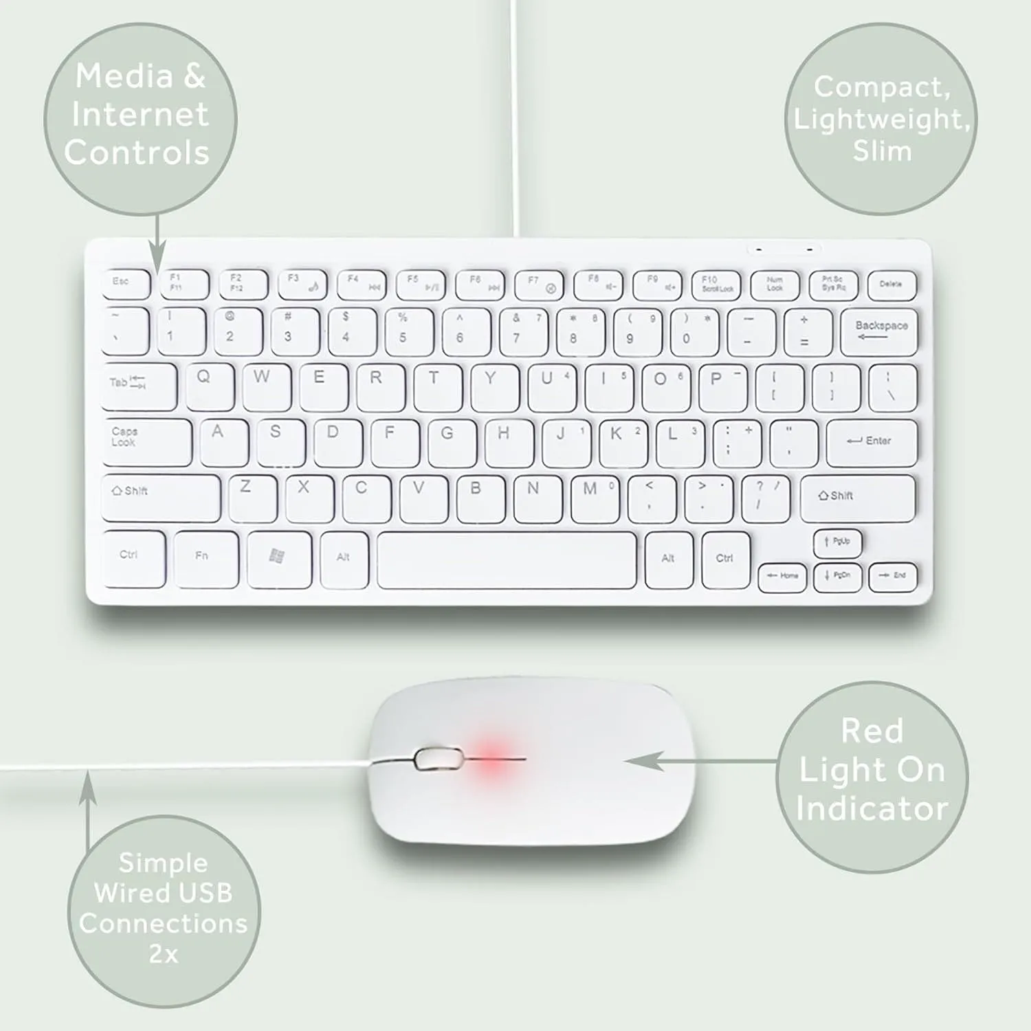 Wired Keyboard and Mouse Combo Slim & Quiet 11.25 inch, USB Connection, Compact Keyboard, US English, White