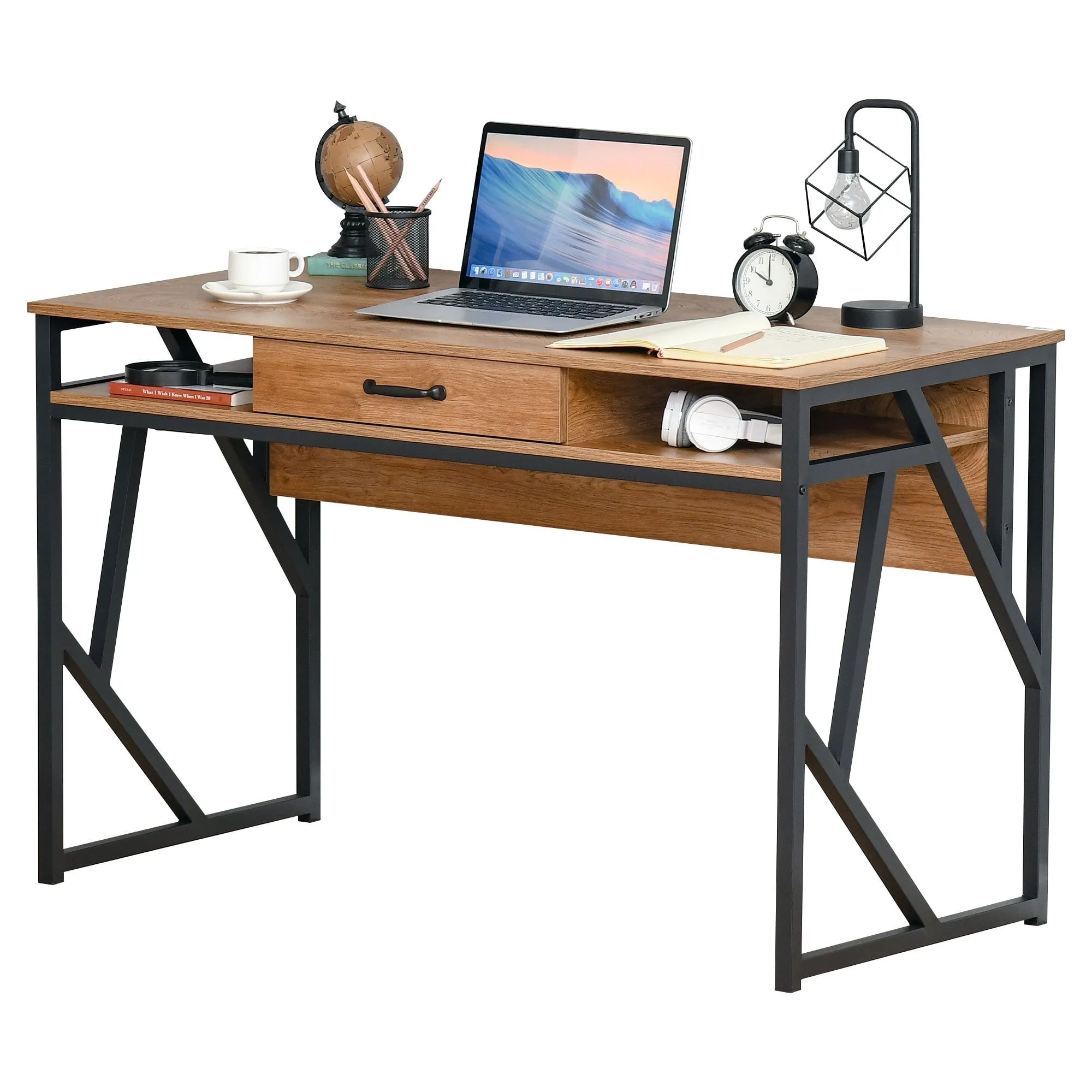 Writing Desk Computer Table Home Office PC Laptop Workstation Drawer Storage Shelf, Brown and Black Steel Leg