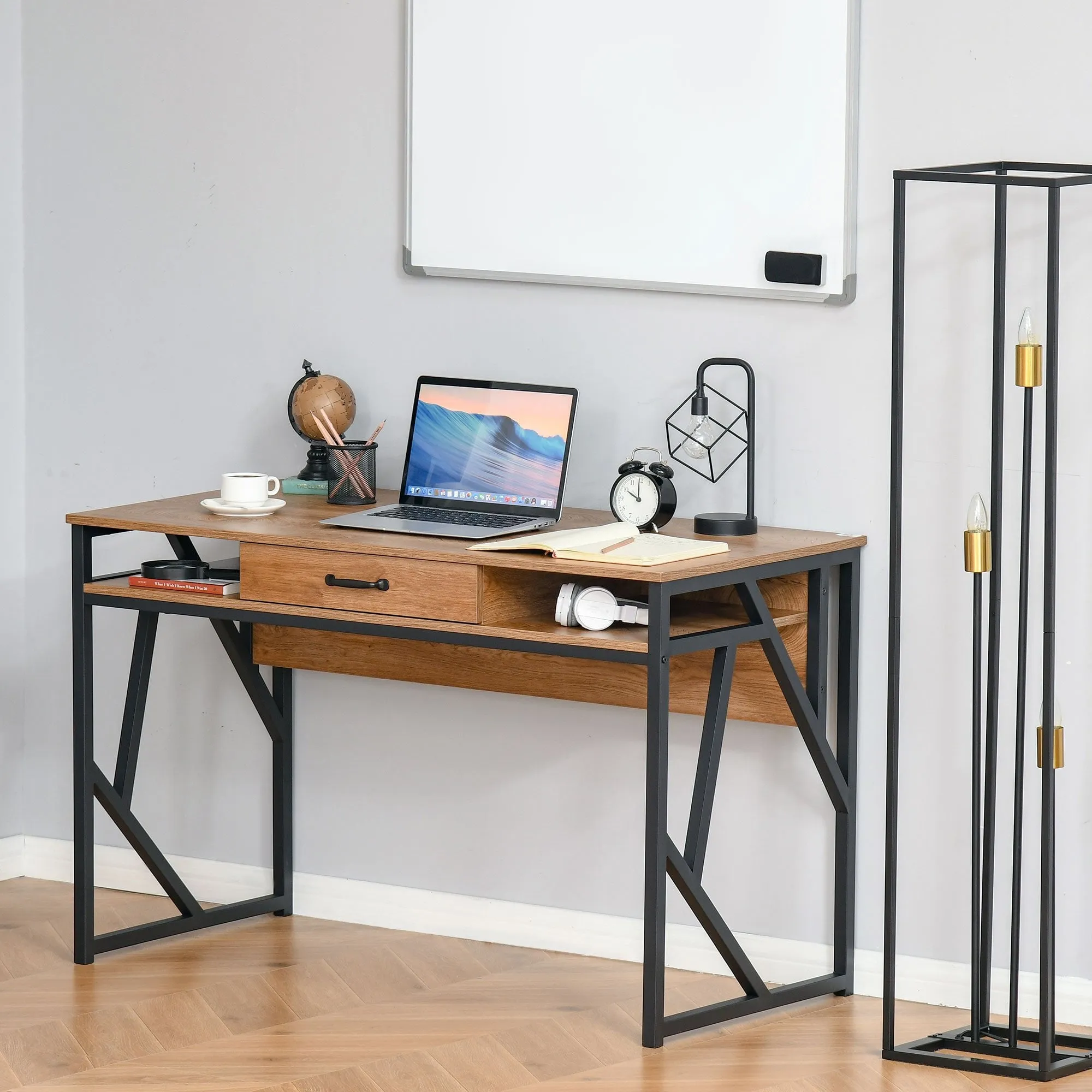 Writing Desk Computer Table Home Office PC Laptop Workstation Drawer Storage Shelf, Brown and Black Steel Leg