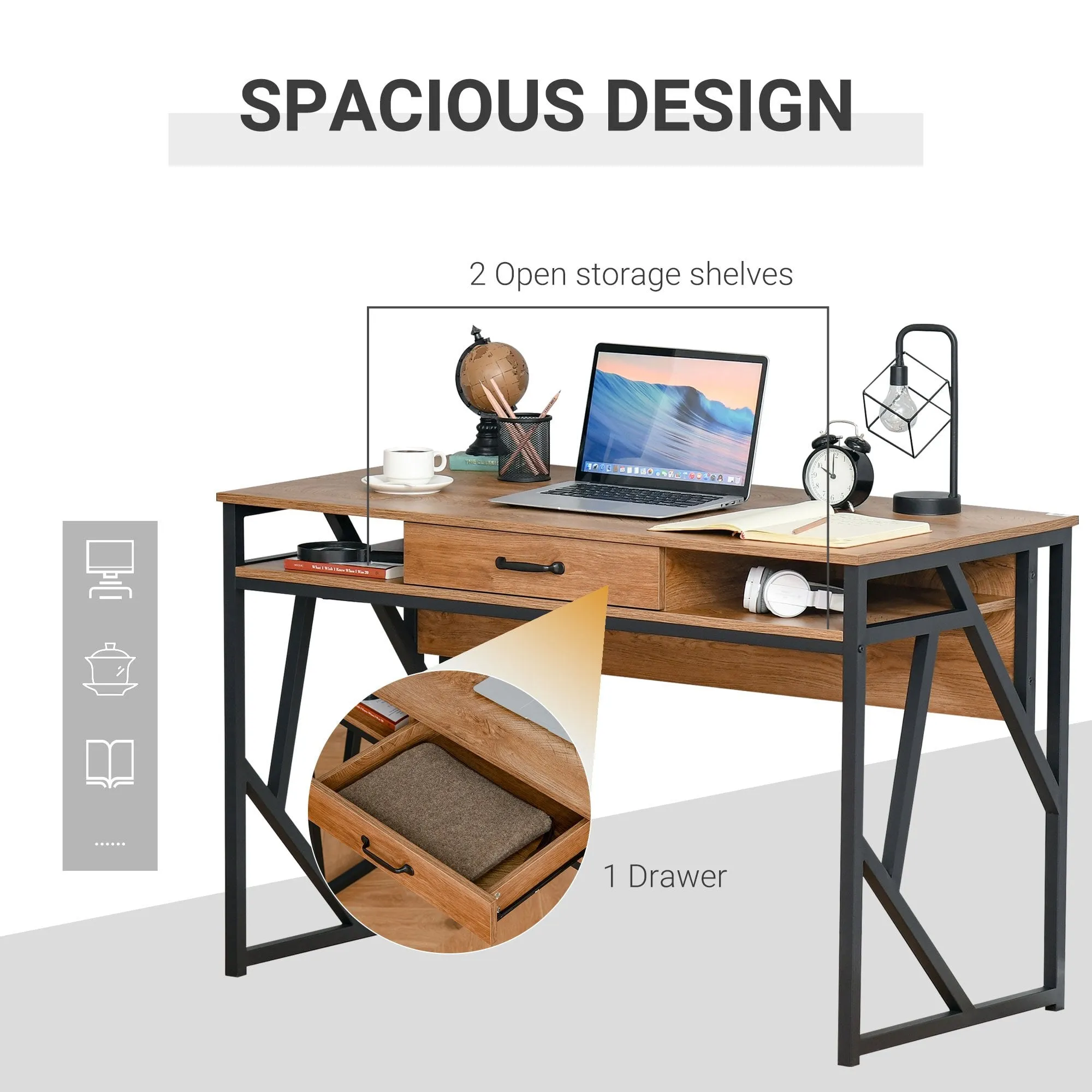 Writing Desk Computer Table Home Office PC Laptop Workstation Drawer Storage Shelf, Brown and Black Steel Leg