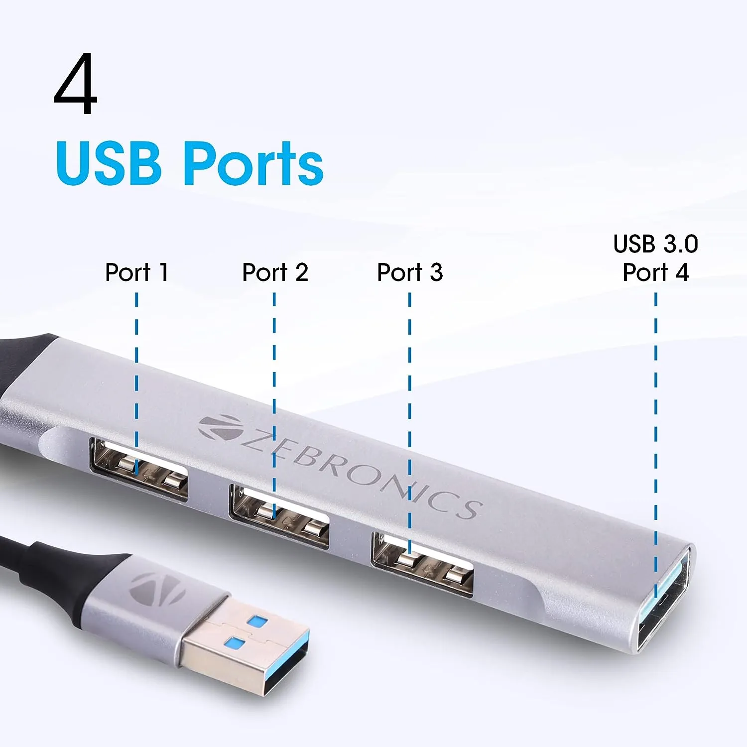 Zebronics 200HB USB 3.0 4 Port hub with Hi Speed Data Transfer, Aluminum   ABS Body, 15cm Cable, Sleek Design and Plug Play Usage